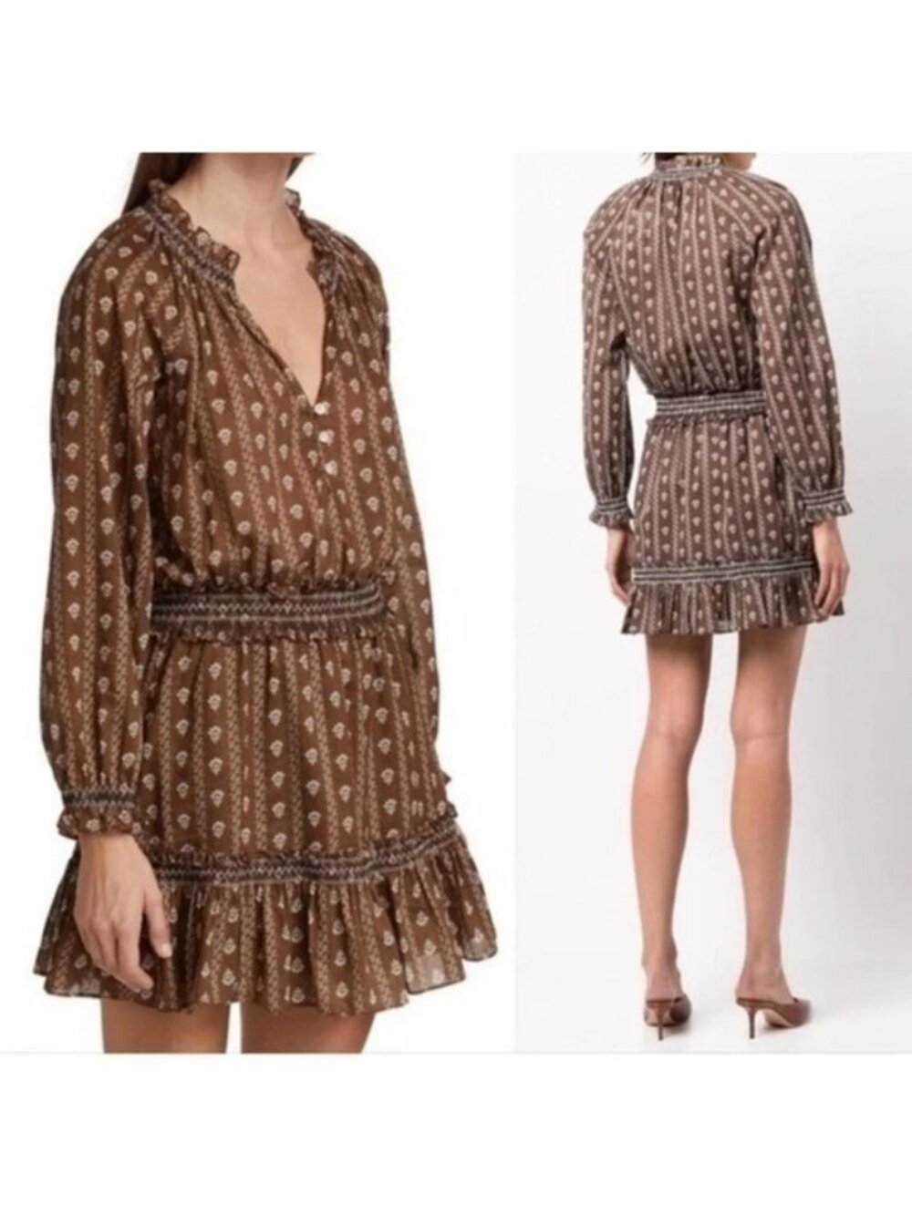 Veronica Beard Brown Espie Floral Long Sleeve Cotton Dress size XS